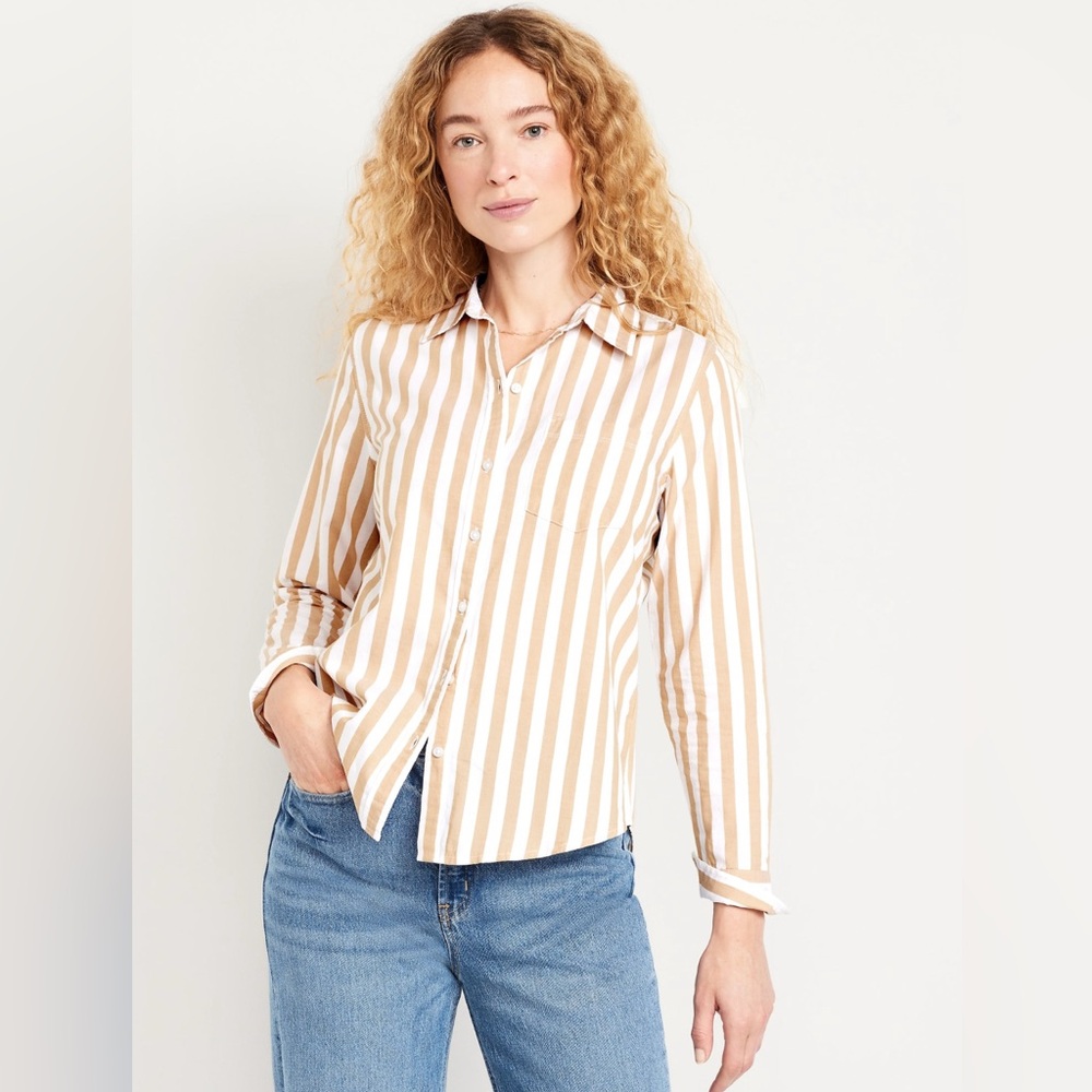 Old Navy Classic Tan and White Striped Button-Down Shirt. NWT